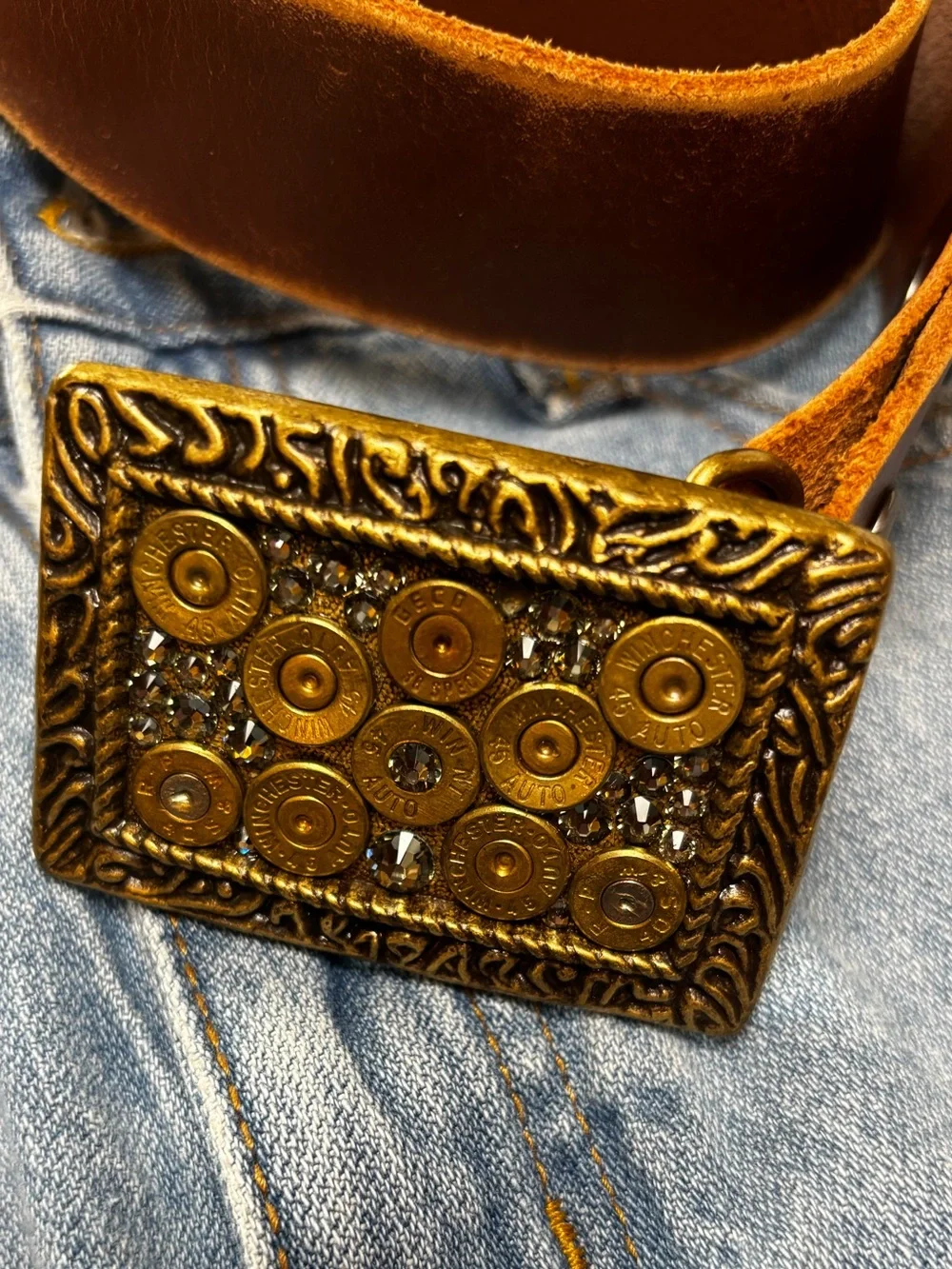 Pretty Hunter Winchester Ornate Brass Buckle and XL Leather belt